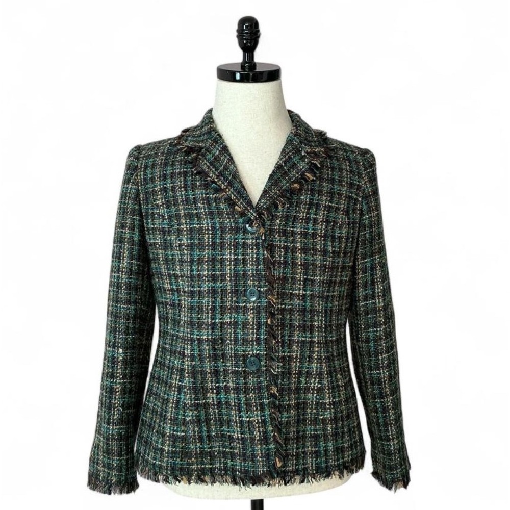 Vintage Sag Harbor Petite Tweed Blazer‎ Jacket Green Brown Plaid Career Office